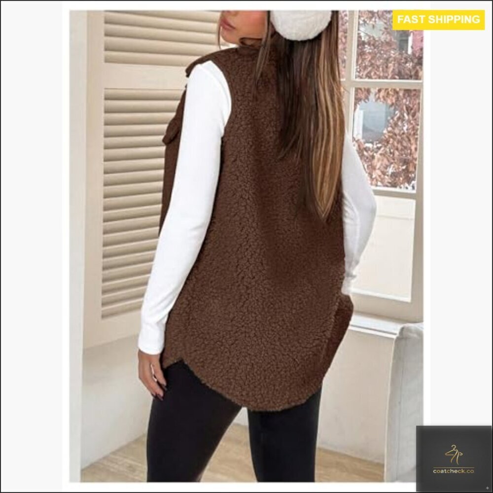 Teddy Fleece Vest Sleeveless Button Down Coat Chic Fall Winter Outerwear - Picture 3 of 5
